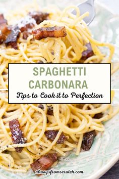 spaghetti carbonara on a plate with bacon