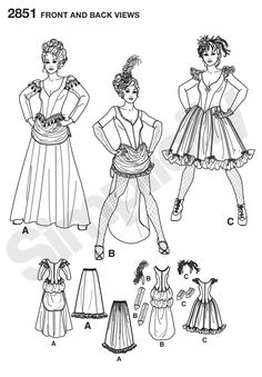 four women's dresses and one woman's dress, all in different styles