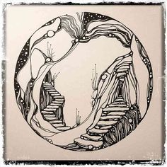 a black and white drawing of steps leading up to a tree in the middle of a circle