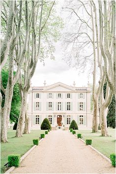 a large white house surrounded by trees and bushes