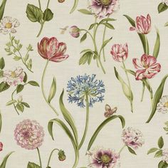 a floral wallpaper with many different flowers and leaves on white background, including green stems