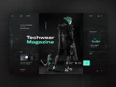 a black and green web page with an image of a man in futuristic gear on it