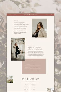 the website design is clean and modern, with flowers in the foreground on the right side