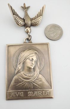 Vintage Pendant Ave Maria Mother Mary Pendant DIY | Etsy Victorian Jewelry With Miraculous Medal For Gifts, Antique Miraculous Medal Pendant Jewelry, Antique Bronze Jewelry For Commemoration, Antique Silver Jewelry With Miraculous Medal, Bronze Pendant Jewelry For Commemoration, Vintage Pendant Jewelry For Commemoration, Vintage Brass Necklace For Memorial, Vintage Brass Necklaces For Memorial, Vintage Nickel Free Necklaces For Commemoration