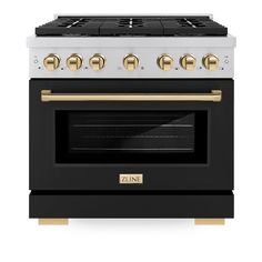 a black and white stove with gold knobs on the oven door is shown in front of a white background