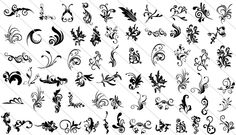 a large collection of black and white floral design elements, including swirls, flowers, leaves