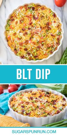 two pictures with different types of food in them and the words blt dip above it