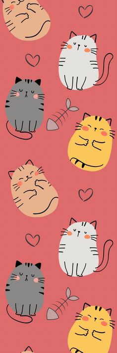 several cats with hearts in the background on a pink background, one cat has its eyes closed