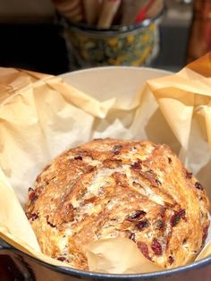 a baked item in a bowl on a table