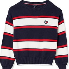 Tommy Hilfiger Is One Of The World’s Leading Designer Lifestyle Brands And Is Internationally Recognized For Celebrating The Essence Of Classic American Cool Style, Featuring Preppy With A Twist Designs. 100% Cotton Imported Pull On Closure Machine Wash Look Trendy This Season In These Girls Sweaters From Tommy Hilfiger. Features Color-Block Stripes, Crew-Neck, Long Sleeves, Rib Cuffs, Logo At Left Chest Works Well With Denim Jacket, Fleece Hoodie, Joggers, Legginggs, Shorts, Skirt, Jeans, Under Preppy Cotton Winter Tops, Preppy Cotton Tops For Winter, Winter Preppy Tops With Ribbed Cuffs, Preppy Crew Neck Winter Tops, Tommy Hilfiger Blue Winter Tops, Tommy Hilfiger Navy Winter Tops, Designer Lifestyle, Skirt Jeans, Tommy Hilfiger Girl