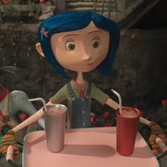 an animated doll sitting at a pink table with a drink in it's hand