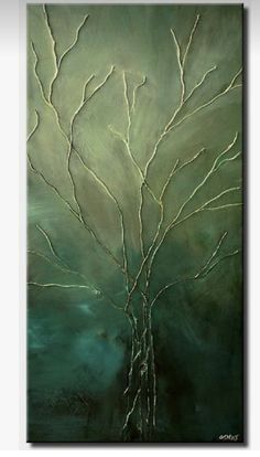 an abstract painting with green tones and white lines on the tree branches in front of a dark blue background