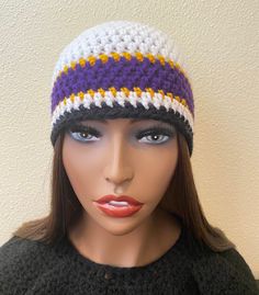 "Show your love for L.A. and the Lakers with this stylish beanie! Unisex beanie Sizing: One size fits most (21\"-23\" head circumference) Care:  Machine wash on gentle/hand wash setting in cool or warm water. For best results, do not tumble dry. Reshape and air dry flat.  If you choose to tumble dry, do so on the lowest setting.  OR Handwash in gentle detergent in cool or warm water. Reshape and air dry flat." Crochet Basketball, Lakers Team, Beanie Crochet, Basketball Team, Skull Cap Beanie, Crochet Beanie, Head Circumference, Skull Cap, Tumble Dryer