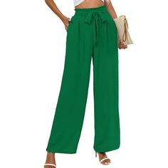 This Chiclily high waisted belted wide leg pants for women fit more women than normal pants for its design. It will work even If you are curvy or have thick calves and thighs. The bow in the front is a nice little addition to dress them up as well, and make them more stylish than most summer pants. Stylish Design: High waisted pants with elastic waistband and tied belt. Convenient Side Pockets-the pockets are practical and cute, deep and roomy enough to hold your hands, phone, wallet, keys, etc. Spring High Waist Belted Wide Leg Pants, Trendy Belted Wide Leg Pants, Trendy Belted Bottoms In Solid Color, Trendy Green Bottoms With Tie Waist, Spring Solid Wide Leg Pants With Tie Waist, Green Belted High-waisted Bottoms, Green Belted High-waisted Pants, Trendy Wide-leg Belted Pants, High-waisted Wide Leg Summer Pants With Belt Loops