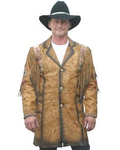 Antique cow soft leather. Button front closure. Full satin lined with inner pocket and two outer pockets. Sand bead detailing on shoulder. Pocket Sand, Cowboy Jacket, Cowboy Gear, Mens Leather Boots, Western Design, Long Jacket, Mens Outerwear, Leather Items, Boots For Sale