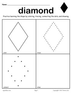 FREE Diamond Shape Worksheet: Color, Trace, Connect, & Draw! Shape Worksheet, Shape Worksheets For Preschool, Shapes Worksheet Kindergarten, Connecting Dots, Shape Tracing Worksheets, Shapes Kindergarten, Shapes Preschool, Activities For Preschoolers, Printable Preschool Worksheets