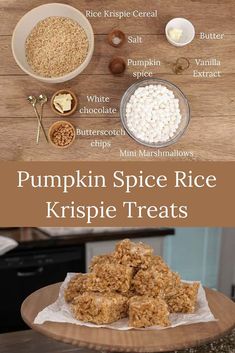 pumpkin spice rice krispie treats on a wooden table with ingredients for the recipe in bowls