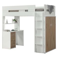 a white loft bed with desk underneath it and shelves on the bottom level, next to an open bookcase