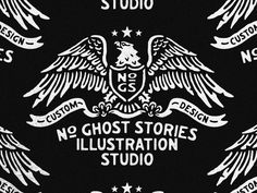 the ghost stories logo is shown in white on a black background with wings and stars