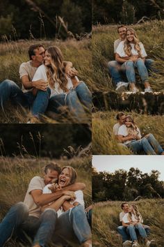 a couple cuddles in the tall grass while posing for their engagement photo session