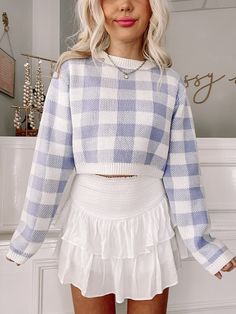 Check Point Gingham Sweater Top | Sassy Shortcake | sassyshortcake.com Girly Preppy Outfits, Bubbly Aesthetic Outfit, Sweaters Preppy, Soft Preppy, Pastel Fits, Gingham Sweater, Pastel Clothes, Cute Pastel Sweaters, Pastel Outfits