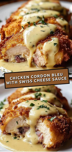 the chicken cordon bleu with swiss cheese sauce is on the plate and ready to be eaten