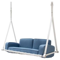 a blue and white couch swing chair