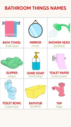 Bathroom things Names
names of the bathroom items
Bathroom Accessories
Bathroom Vocabulary
english_word Bathroom Vocabulary English, House Vocabulary English, Things Vocabulary, Bathroom Vocabulary, House Vocabulary, Bathroom Things, Bathroom Tools, English Expressions, Holiday Homework