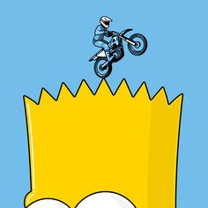 a person on a motorbike jumping over the top of a simpsons character head