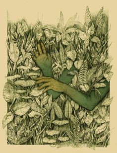 a drawing of a hand reaching out from the ground in some grass with leaves on it