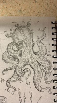 an octopus drawing is shown on top of a notebook