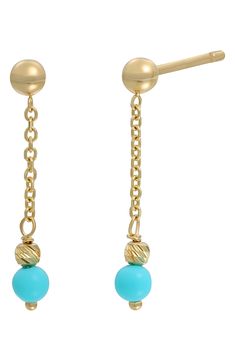 A vibrant turquoise bead dangles from a swingy chain in these handcrafted drop earrings of gleaming 14-karat gold. 3/4" drop Post back 14k gold/turquoise Made in Italy Turquoise Beaded Chain Drop Earrings, Yellow Gold Dangle Jewelry With Beaded Chain, Bead Dangles, Bony Levy, Beaded Dangles, Turquoise Beads, Yellow Gold, Nordstrom, Turquoise