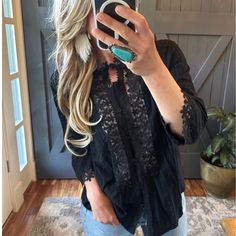 Bohemian Black Lace Button Front Blouse New With Tags! Approx. Measurements: Small: Pit To Pit: 18", Length: 23" Medium: Pit To Pit: 19", Length: 23" Large: Pit To Pit: 20", Length: 24" Xl: Pit To Pit: 21", Length: 25" Xxl: Pit To Pit: 24", Length: 27" ** Double Pit To Pit For Total Bust Measurement Cotton Blend If You Love Free People, Johnny Was Or Anthroplogie Style - Check Out Our Closet! Boho Lace Blouse, Summer Festival Birthday Date Night Cruise Bohemian Vintage Flirty Hippie Bohemian Chi Tribe Design, Bohemian Blouse, Clothing Studio, Robes Vintage, Lace Summer Dresses, Black Lace Blouse, Bohemian Blouses, Vintage Summer Dresses, Lace Button