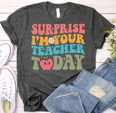 Surprise I'm Your Teacher Today-Substitute Teacher Shirt,Teacher On Call Shirt,Temporary Teacher Shirt,Substitute Educator Instructor TShirt ------------------------------------------------------- A B O U T - T H I S - T S H I R T ------------------------------------------------------- Surprise I'm Your Teacher Today-Substitute Teacher Shirt,Teacher On Call Shirt,Temporary Teacher Shirt,Substitute Educator Instructor TShirt(F30-350) Available in size : XS, S, M, L, XL, 2XL, 3XL Available in color  * Black * White * Brown * Dark Grey Heather * Red * Heather Kelly * Heather True Royal * Heather Olive * Red * Heather Navy ------------------------------------------------------- F A B R I C A T I O N ------------------------------------------------------- Solid colors are 100% cotton except Ash Substitute Teaching, Substitute Teacher, Teacher Tees, Teacher Shirts, Dark Grey, Solid Colors, Ash, Cricut, Adult Outfits