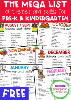 the mega list of themes and skills for pre - k and kindergartia