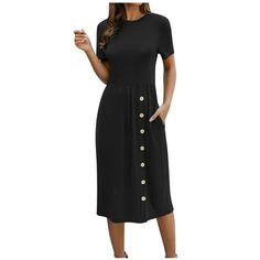 Wycnly Formal Dresses for Women Short Sleeve Round Neck Solid Summer Long Dresses Comfy Button Down Pocket Hem Tunic Dress Black L FEATURE: Pull on Dress,Empire Waist Dress,Short Sleeve,Round Neck,Long,Solid,This is a casual dress with special design that can show your perfect figure, make you more attractive, and can easily control parties, cocktail,beaches and other occasions. MATERIAL:95% Rayon+5% Spandex.This Womens Dresses is made of high quality cottonblend material, soft to the touch, lig One Piece Dress Western Party, Party Wear Dresses Western Short, Empire Waist Dress Short, Western Dresses For Women One Piece, Short Frock Dresses, Party Wear One Piece, One Piece Dress Western, Summer Long Dresses, Dresses For Women Short