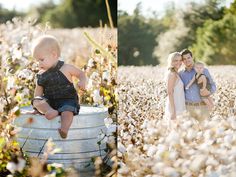 a baby sitting on top of a barrel in a field next to an adult and child