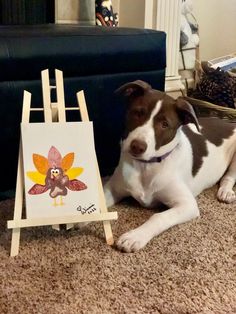 a brown and white dog laying next to an easel with a turkey on it