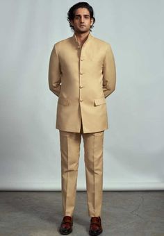 Arjun Kilachand-Champagne Classic Bandgala Suit-INDIASPOPUP.COM Luxury Traditional Unstitched Suit For Ceremony, Luxury Cream Bandhgala For Formal Occasions, Luxury Beige Bandhgala For Transitional Season, Luxury Cream Bandhgala For Groom, Luxury Beige Bandhgala For Reception, Luxury Elegant Wedding Bandhgala, Luxury Cream Bandhgala For Traditional Ceremonies, Champagne Gold Wedding Dress, Formals For Men