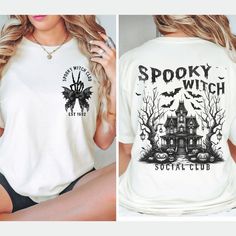 a woman wearing a spooky witch t - shirt