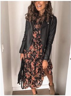 Boho Dress With Jacket, Leather Jacket Dress Outfit Fall, Black Dress Leather Jacket, Backless Tank Top, Boho Beach Dress, Fall Dress Outfit, Knitted Bodycon Dress, Long Dress Casual, Shirt Dresses