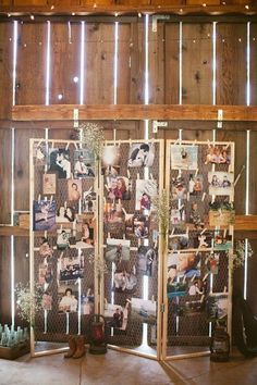 a room divider with pictures on it and wooden slats in the back ground