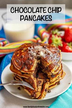 chocolate chip pancakes are stacked on top of each other with the words, fluffy and easy to make