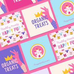 the logos for organic treats are shown in different colors and sizes, including pink, blue,