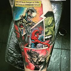 a man's leg with an image of spiderman and other characters on it