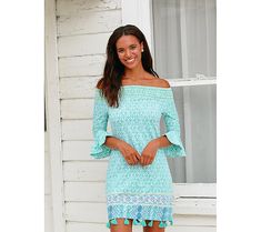 Flaunt your shoulders with feminine flair in this dreamy dress styled with a smocked bodice and romantic flared sleeves. From Cabana Life. Bohemian Dresses With Smocked Cuffs For Brunch, Bohemian Brunch Dresses With Smocked Cuffs, Flowy Beach Dress With Smocked Cuffs, Off-shoulder Dress With Smocked Back For Vacation, Summer Vacation Dress With Smocked Cuffs, Summer Dresses With Smocked Cuffs For Brunch, Summer Off-shoulder Dress With Smocked Bodice, Summer Vacation Smocked Dress With Elastic Sleeves, Off-shoulder Summer Dress With Smocked Bodice