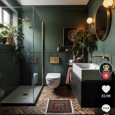 a bathroom with green walls and tiled flooring is featured in the instagram ad