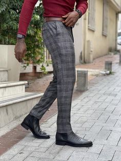 Frezo Black Slim Fit Plaid Pants-baagr.myshopify.com-Pants-BOJONI Mens Prom Outfit, Sport Coat And Jeans, Bald Men Style, Barbour Style, Black Male Models, Wingtip Boots, Plaid Trousers, Dapper Style, Code Black