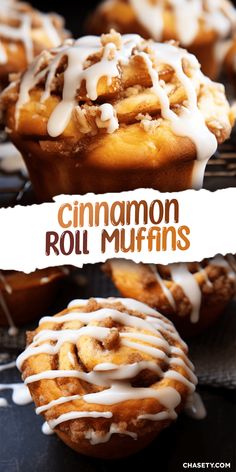 cinnamon roll muffins with icing drizzled on top