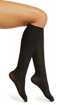 Gorgeous jacquard roses add a romantic touch to finely knit knee-high socks fashioned with a wide cuff to prevent them from slipping. Nylon/spandex Machine wash, tumble dry Imported Lace Socks, Wide Cuff, Knee High Socks, Fashion Socks, A Romantic, High Socks, Hosiery, Floral Lace, High Heel